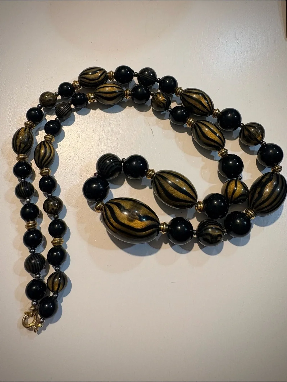 Vintage Gold and Black Striped Statement Bead Necklace - Picture 2 of 3